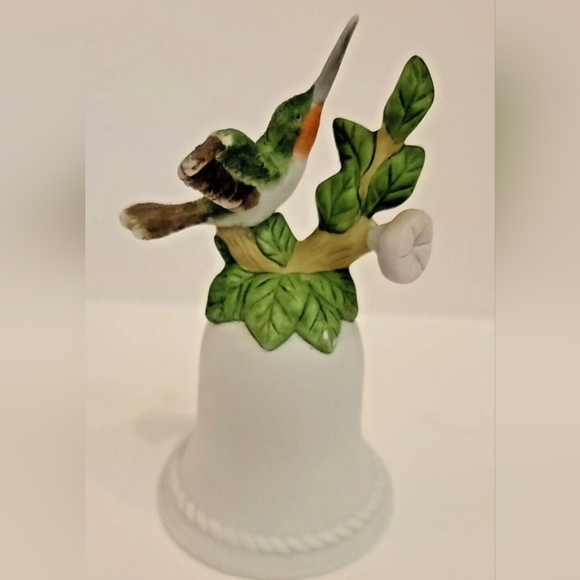Ruby Throated Hummingbird Handpainted Porcelain White Bell w/Floral Decor - Picture 2 of 8